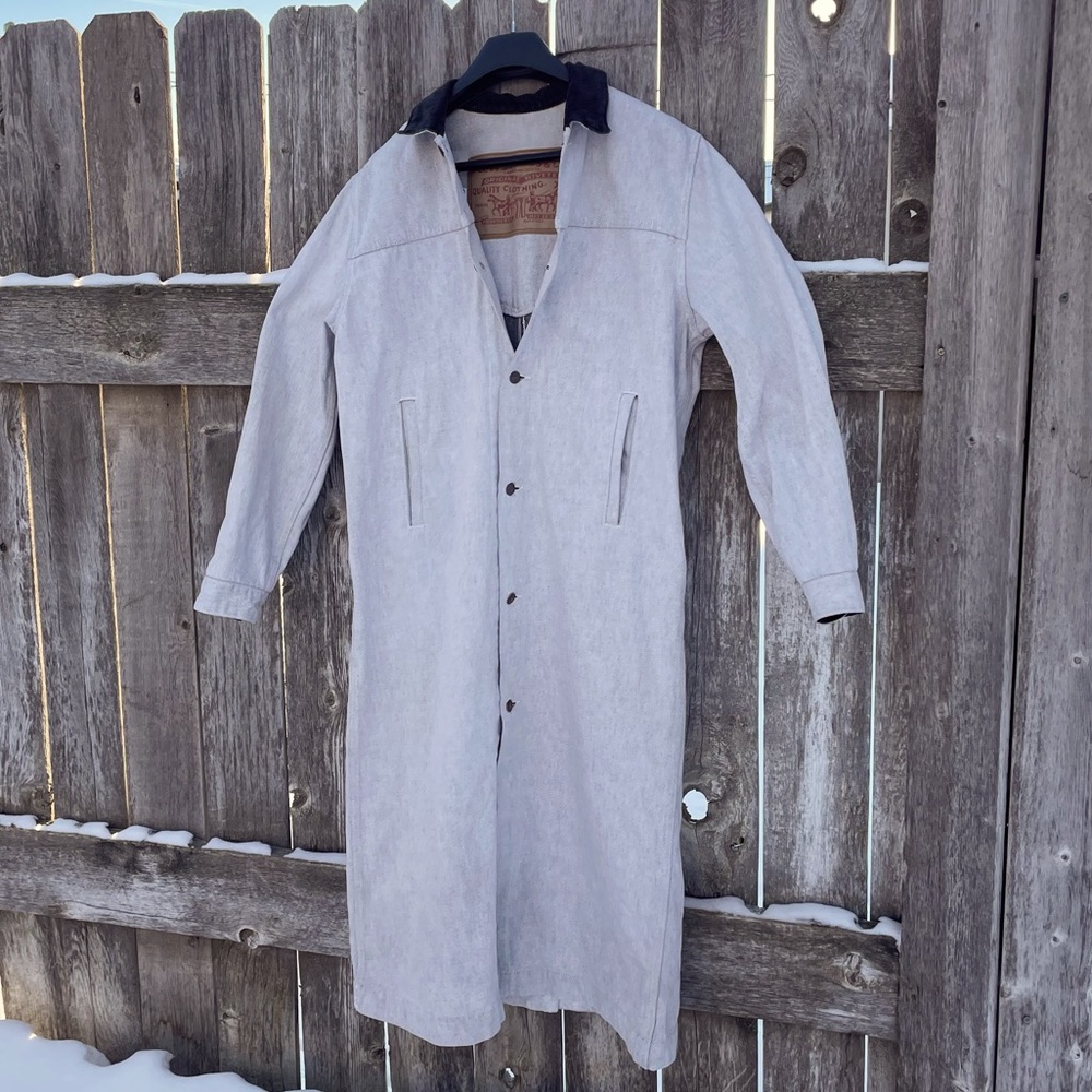VINTAGE LEVI’S gray denim duster jacket coat black corduroy collar unisex SZ Med